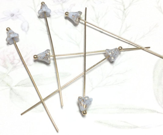 #3049 / Golden Ball Headpin with a Czech 5x6mm Periwinkle Bell Flower with a Gold Wash / 50mm / Lot of 6 Pins