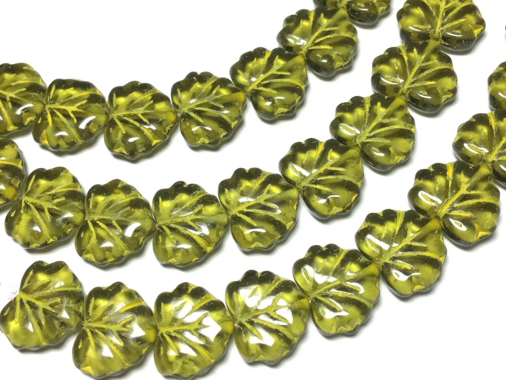 #3050 / Czech Translucent Glass Peridot Maple Leaf Beads with a Yellow Inlay / 11x13mm / Strand of 10 Beads