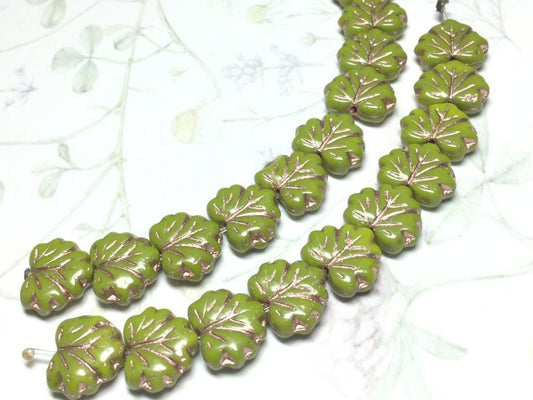 #3058 / Czech 11x13mm Maple Leaf Beads - Light Green with Copper Inlay / Strand of 11 Beads