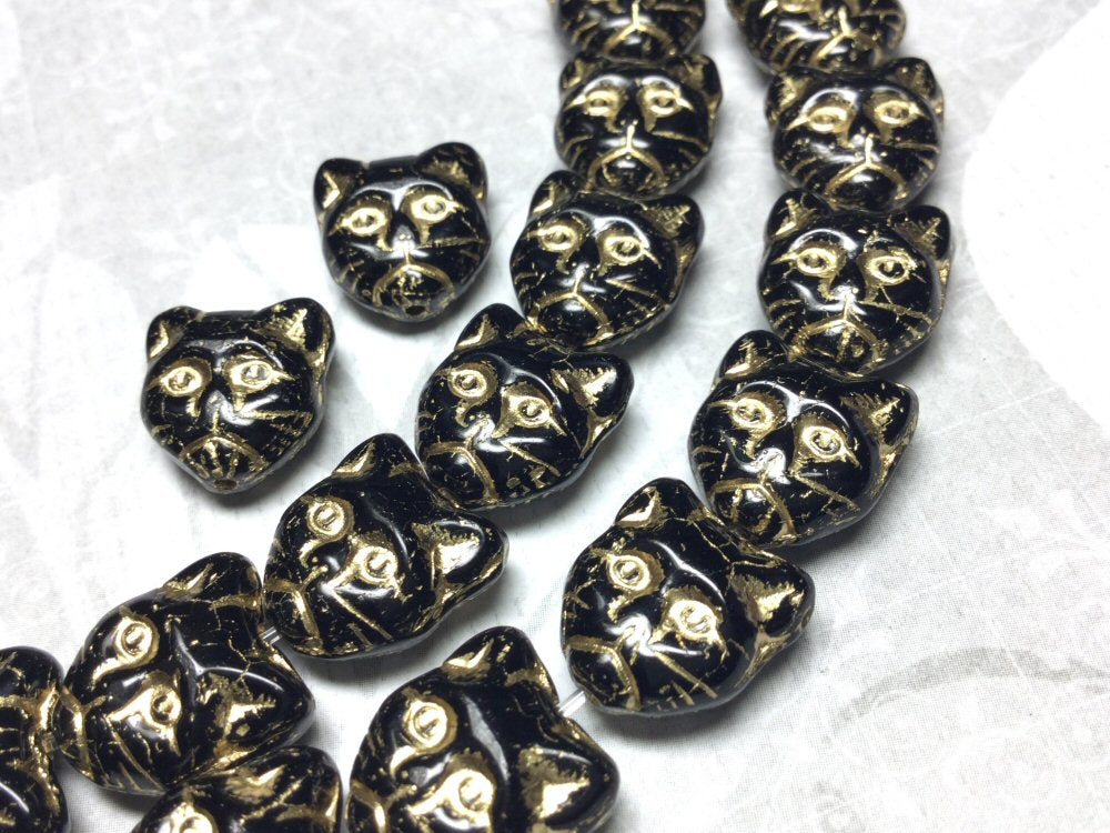 #3059 / Czech 13x11mm Black Cat Face with Gold Inlay Beads / Lot of 2