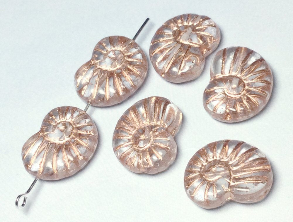 #3060 / Czech 17x13mm Transparent Glass Amonite Fossil Shell Beads with a Copper Wash / Lot of 2