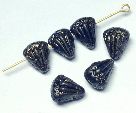 #3061 / Czech 9x11mm 2-Hole Jet Black Puffed Flower Beads with a Gold Wash / Strand of 11