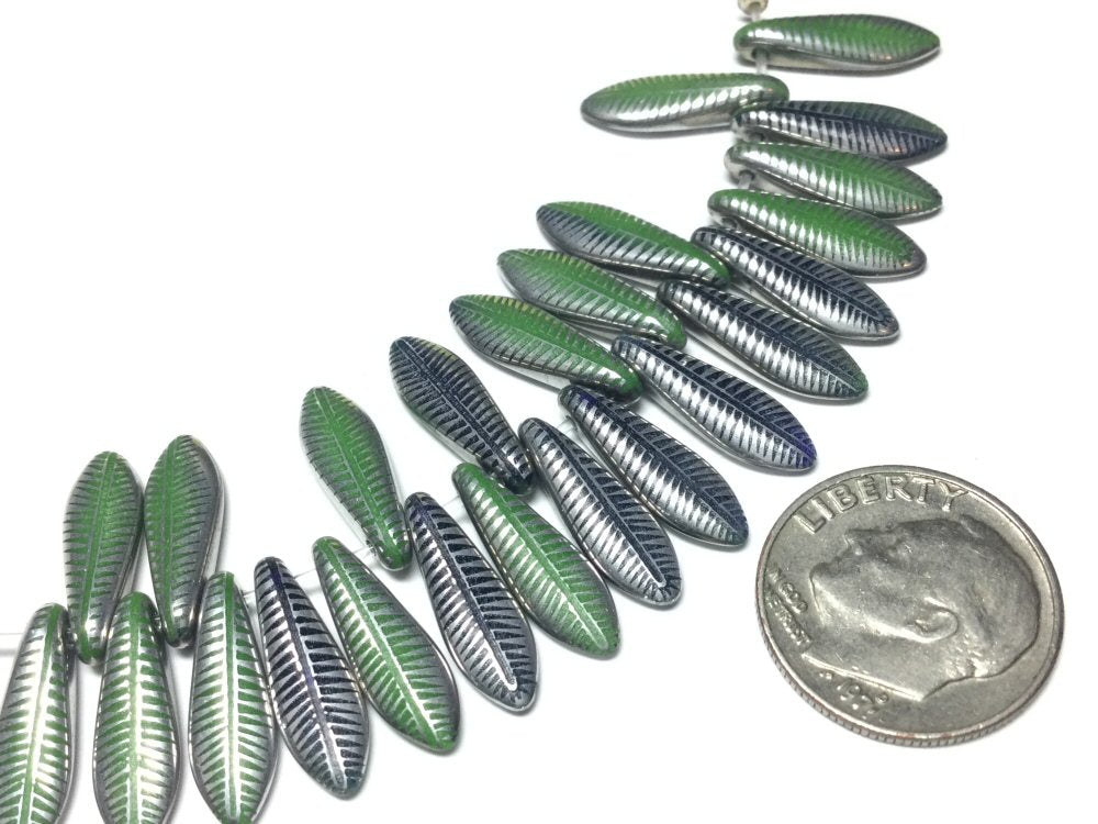 #3065 / Czech 5x16mm Laser Etched Feather Dagger Beads / 2mm Single Hole / Strand of 24