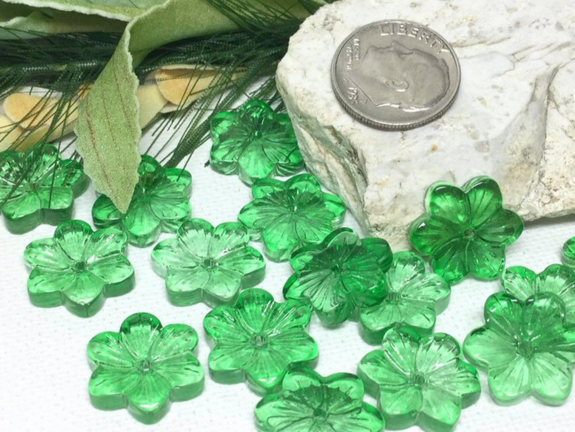 #2062 Translucent Glass Flower Beads / Green / 15x13.5x3mm / 1mm Center Hole / Lot of 10
