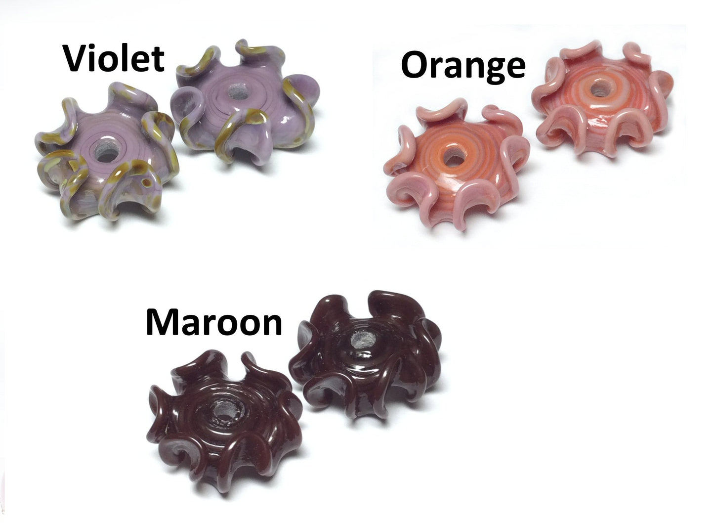 #3071 / Designer "B Marie Beads" Handmade Opaque Lampwork Ruffle Beads / 21x10mm / 2mm Hole / Lot of 2