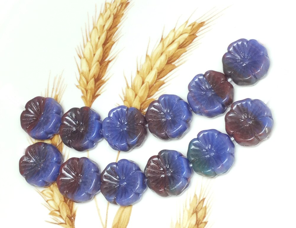 #3075 / Czech 14x5mm Hawaiian Glass Flower Beads / Opaque Violet-Blue-Green / 1mm Hole / Strand of 6