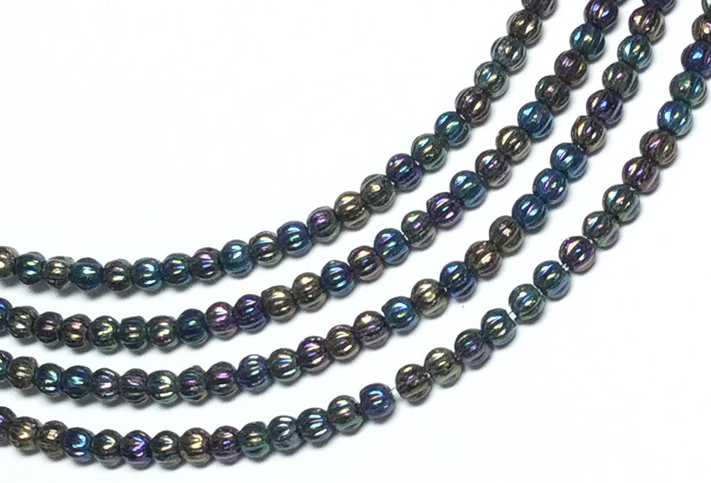 #3077 / Czech 3mm Metallic Blue Iris Multicolor Glass Melon Beads / 1mm Hole / Strand of 54