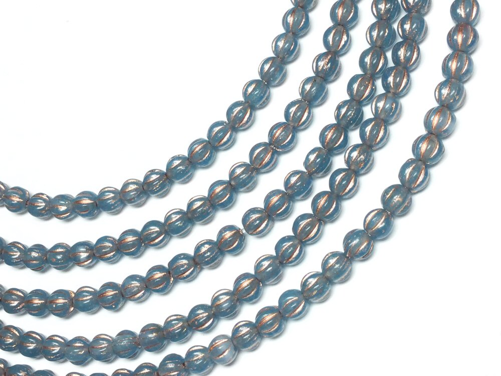 #3078 / Czech 4mm Translucent Blue Glass Melon Beads with a Gold Wash / 1mm Hole / Strand of 42