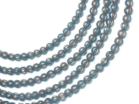 #3078 / Czech 4mm Translucent Blue Glass Melon Beads with a Gold Wash / 1mm Hole / Strand of 42