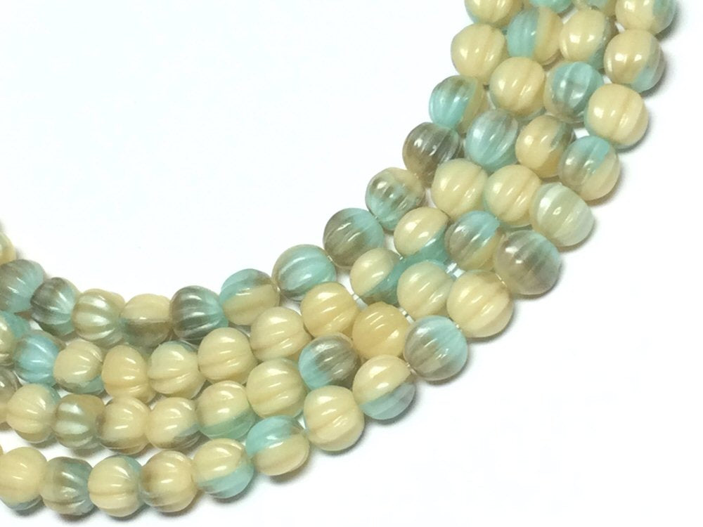 #3079 / Czech 5mm Opaque Luster Champagne and Teal Melon Beads with a Light Picasso Finish / 1mm Hole / Strand of 42