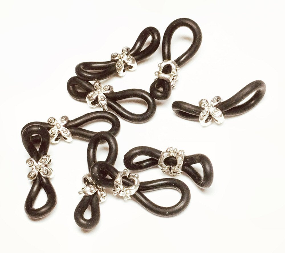 #3080 / Black Rubber Loop Eyeglass Holders with Antique Silver Flower Center, ready to attach to a Chain / Lot of 2