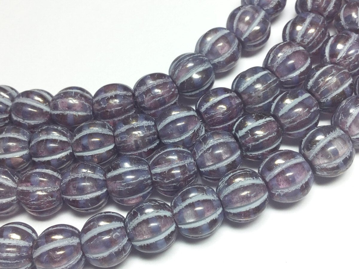 #3085 / Czech 8mm Translucent Light Plum Melon Beads with a White Inset Wash / 1mm Hole / Strand of 18