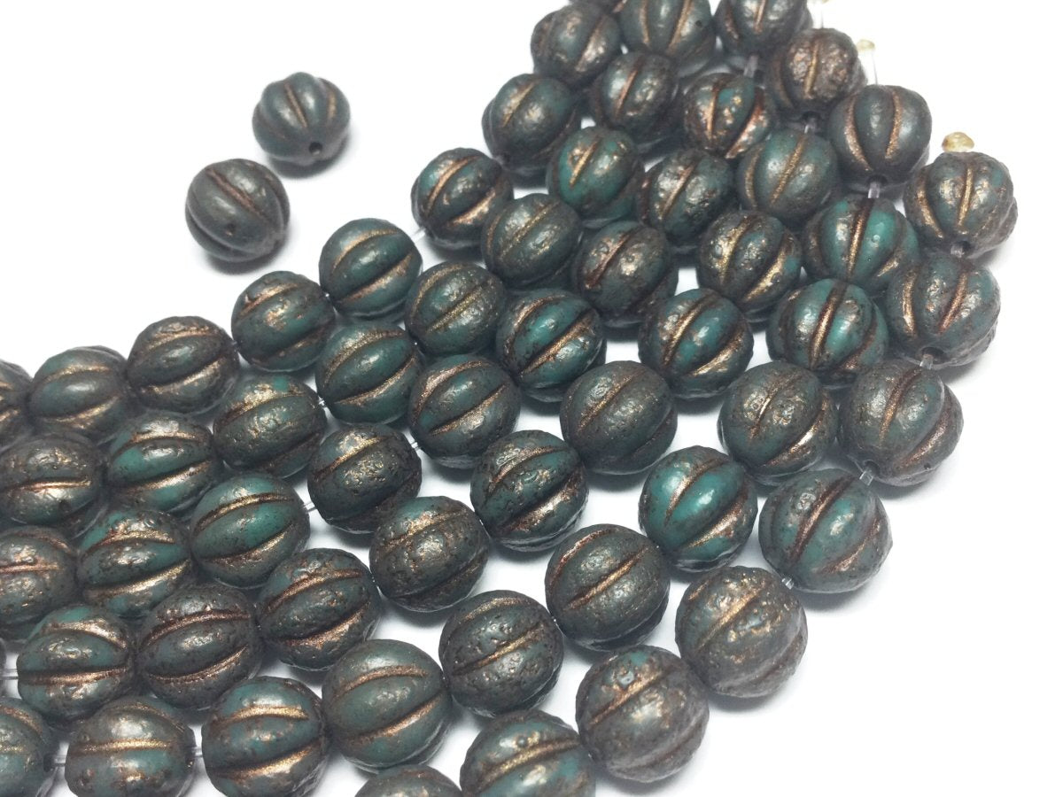 #3086 / Czech 8mm Etched Teal Melon Beads with a Bronze Inset Wash / 1mm Hole / Strand of 11