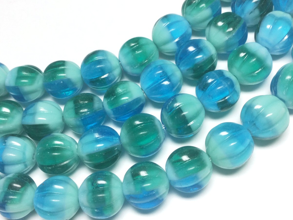 #3087 / Czech 8mm Partially Translucent Blue-Green Glass Melon Beads  / 1mm Hole / Strand of 12