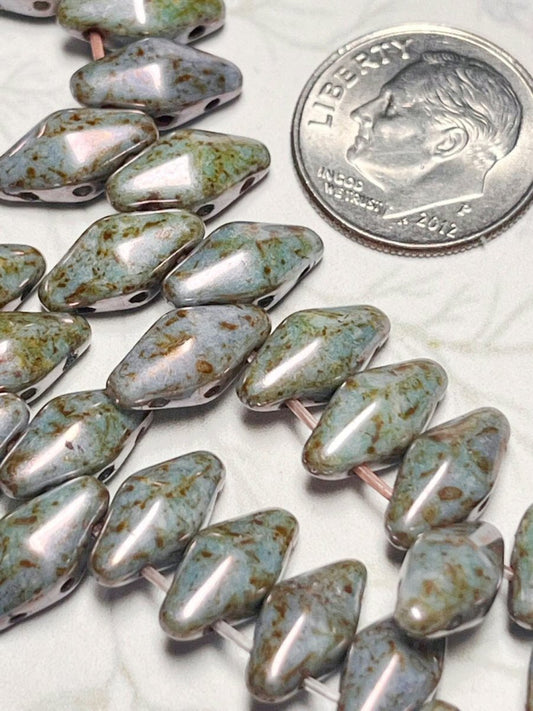 #3090 / Czech Large 6x12mm Cornflower-color Picasso Double Cone Glass Beads / 1mm Top Drilled Hole / Strand of 19