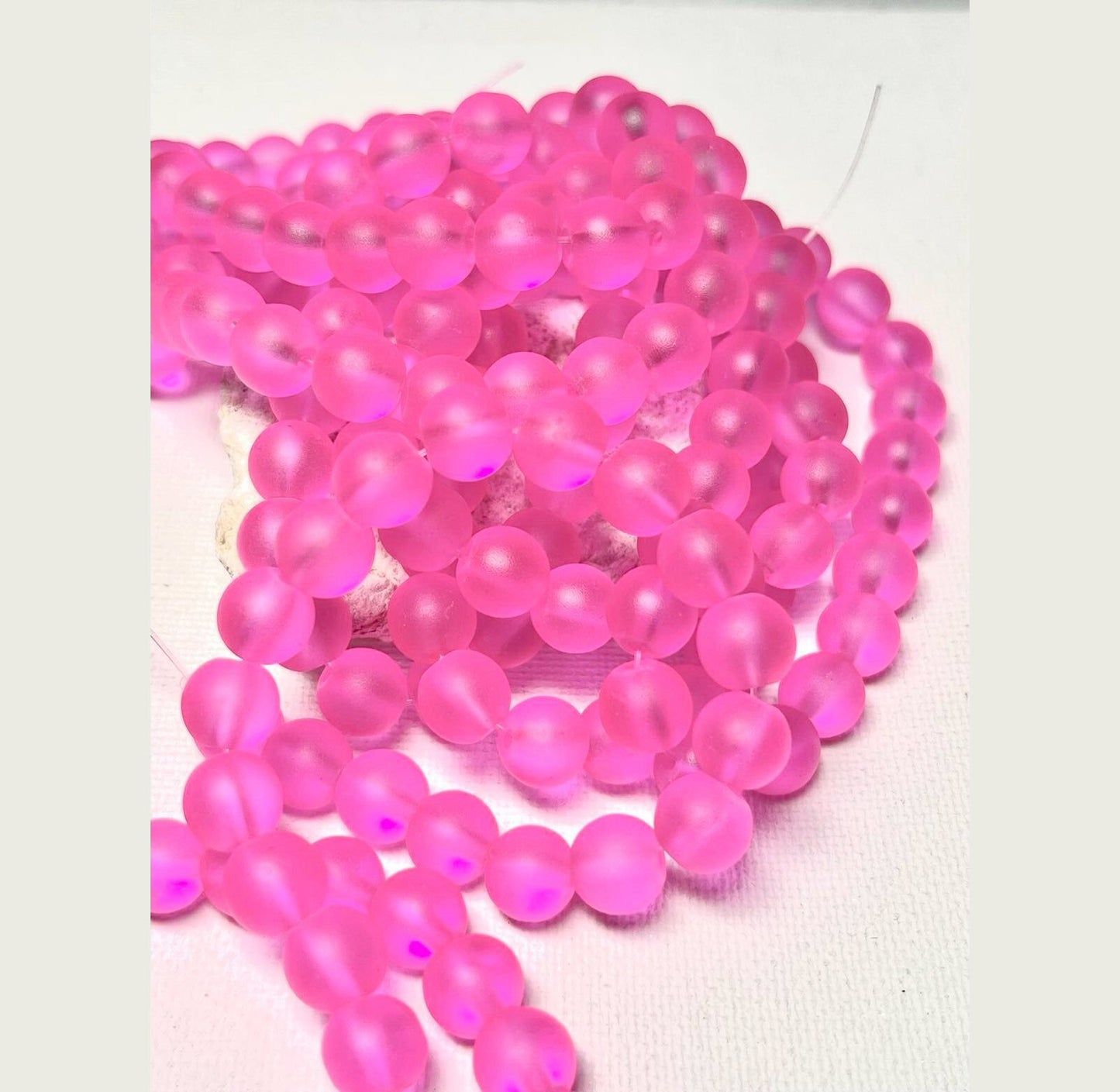 #3116 / Frosted Translucent Round Deep Pink Glass 8mm Beads / 8mm 1.3 Hole / 15 1/4" Strand
