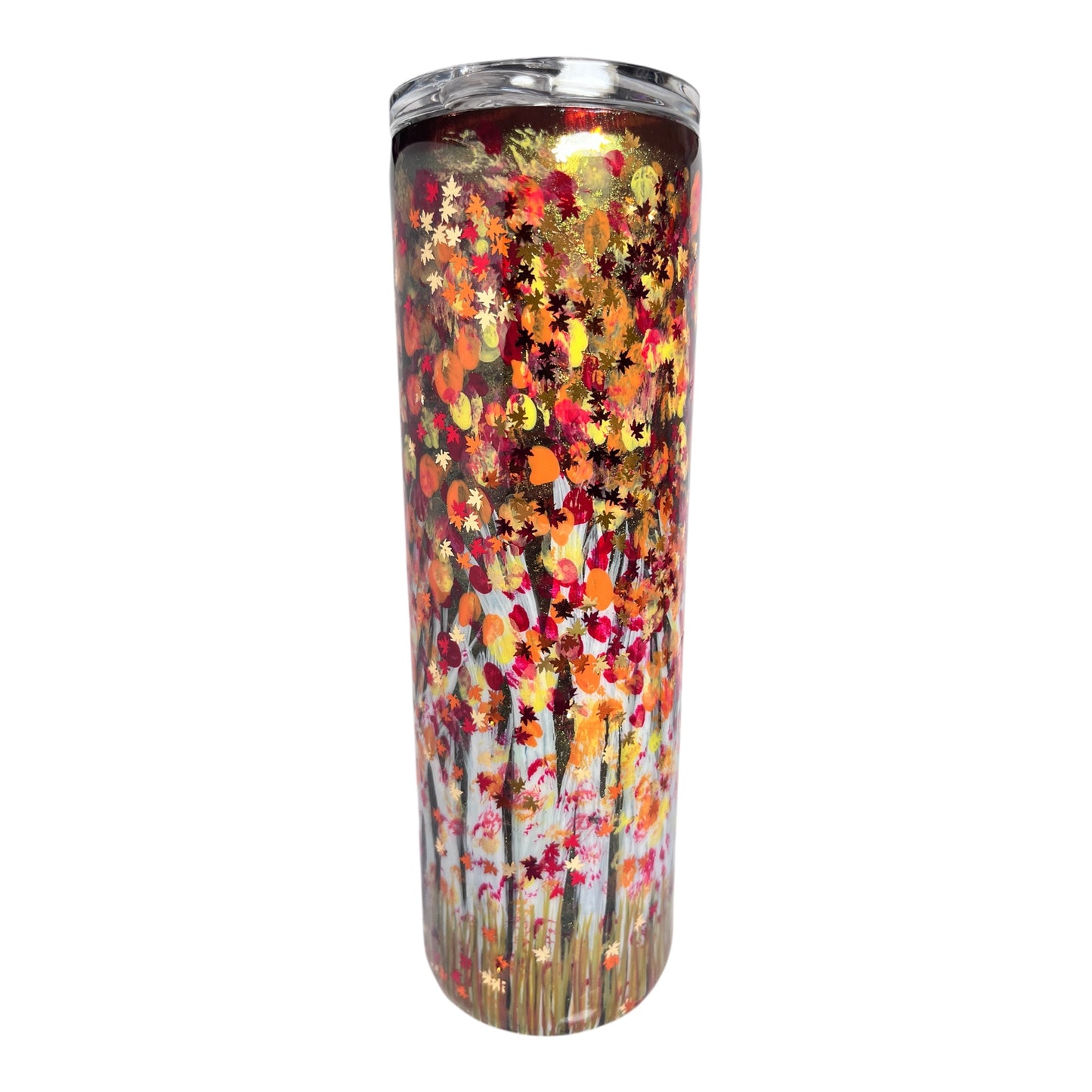 #307 - 30oz Skinny Tumbler / Hand Painted Birch Trees / Decal: “Cozy Season”