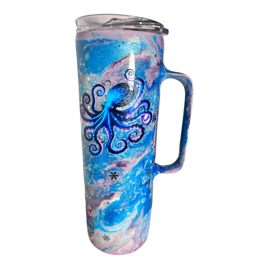 #319 - 20oz Ocean Theme Skinny Tumbler with Handle - Decals: Octopus, Jellyfish, Turtle and Anemone