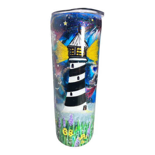 #317 - 20oz Skinny Tumbler - Hand Painted Lighthouse & Flowers