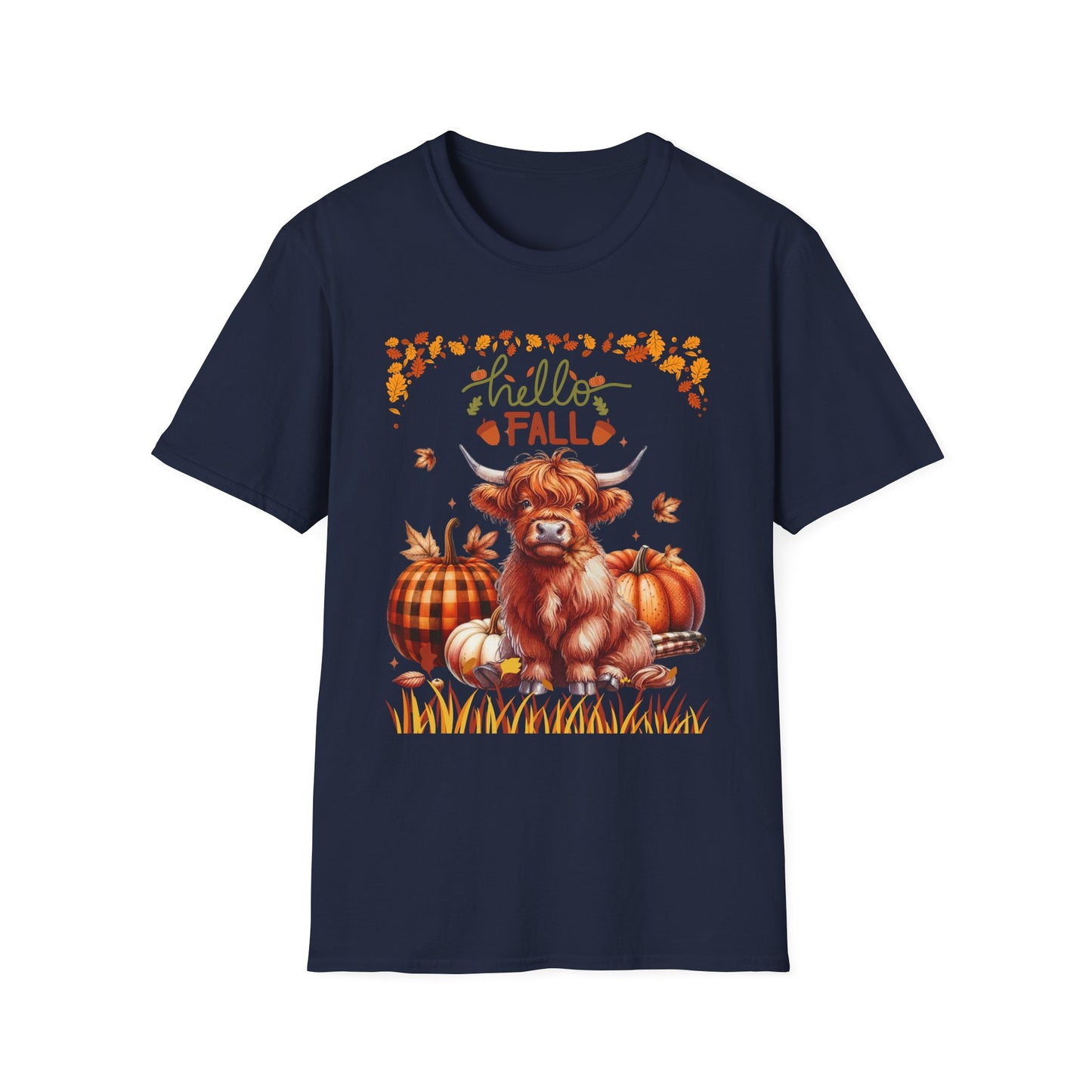 "Hello Fall" Cute Highland Cow T-Shirt — Autumn Pumpkin & Leaves Tee