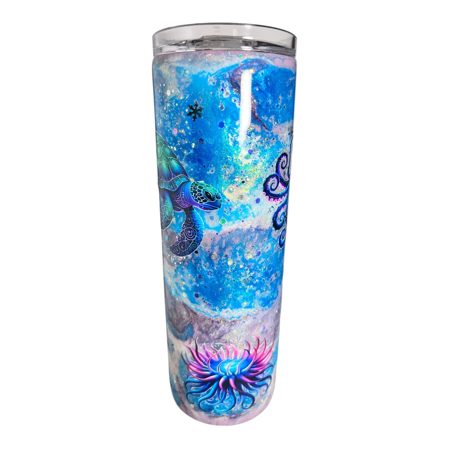 #319 - 20oz Ocean Theme Skinny Tumbler with Handle - Decals: Octopus, Jellyfish, Turtle and Anemone