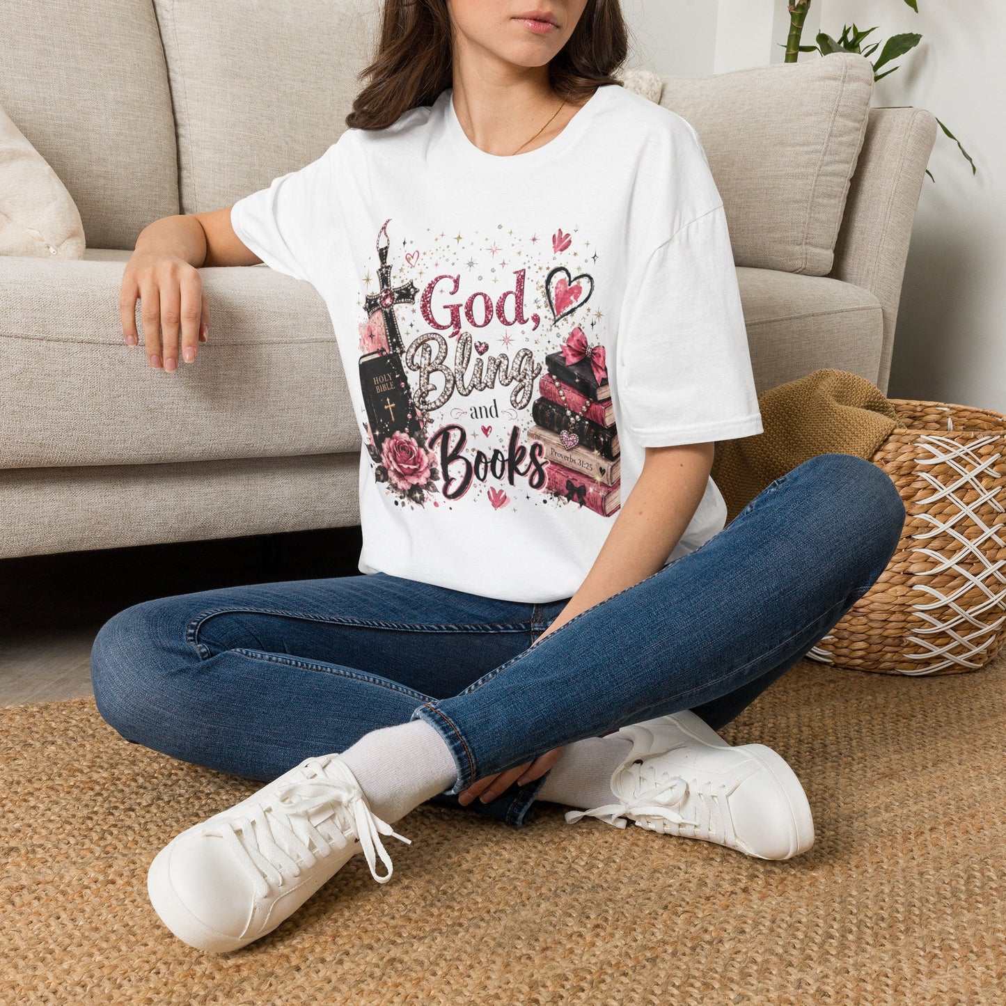 Christian Graphic T-Shirt — "God, Bling and Books" Faith Tee for Women