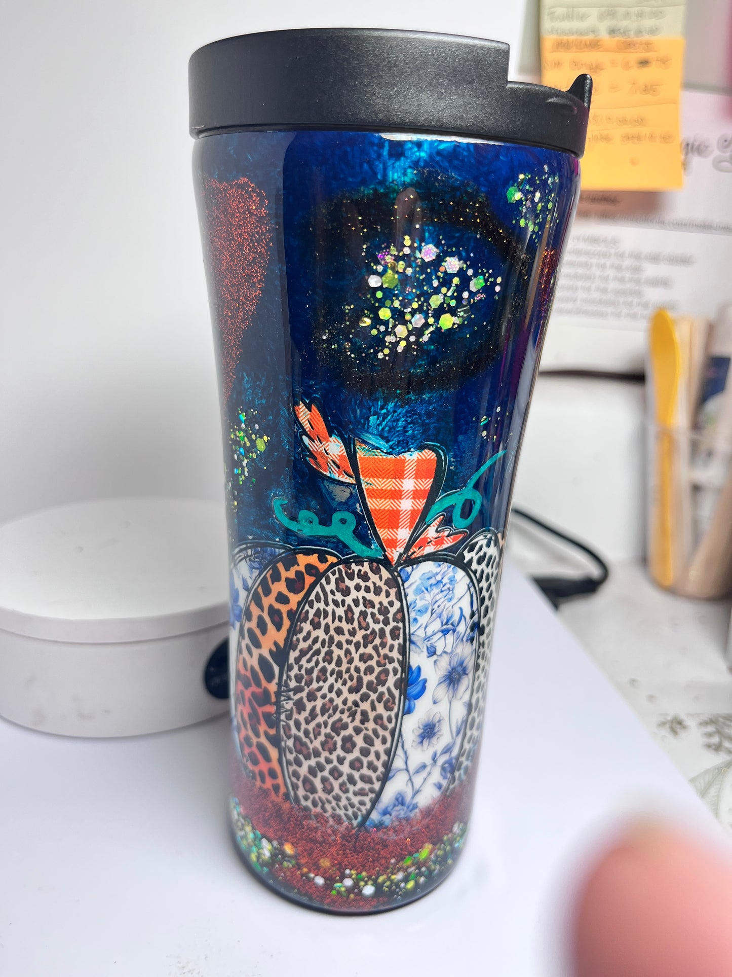 #303 - 16oz Slim Traveler Tumbler - Ink Swirl - Decal: "Multi-Themed Pumpkin”