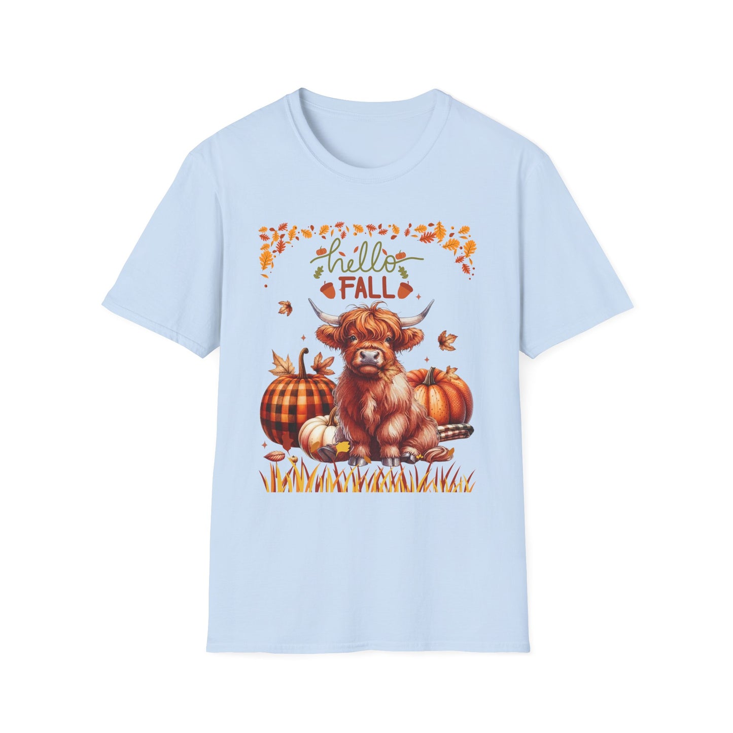 "Hello Fall" Cute Highland Cow T-Shirt — Autumn Pumpkin & Leaves Tee
