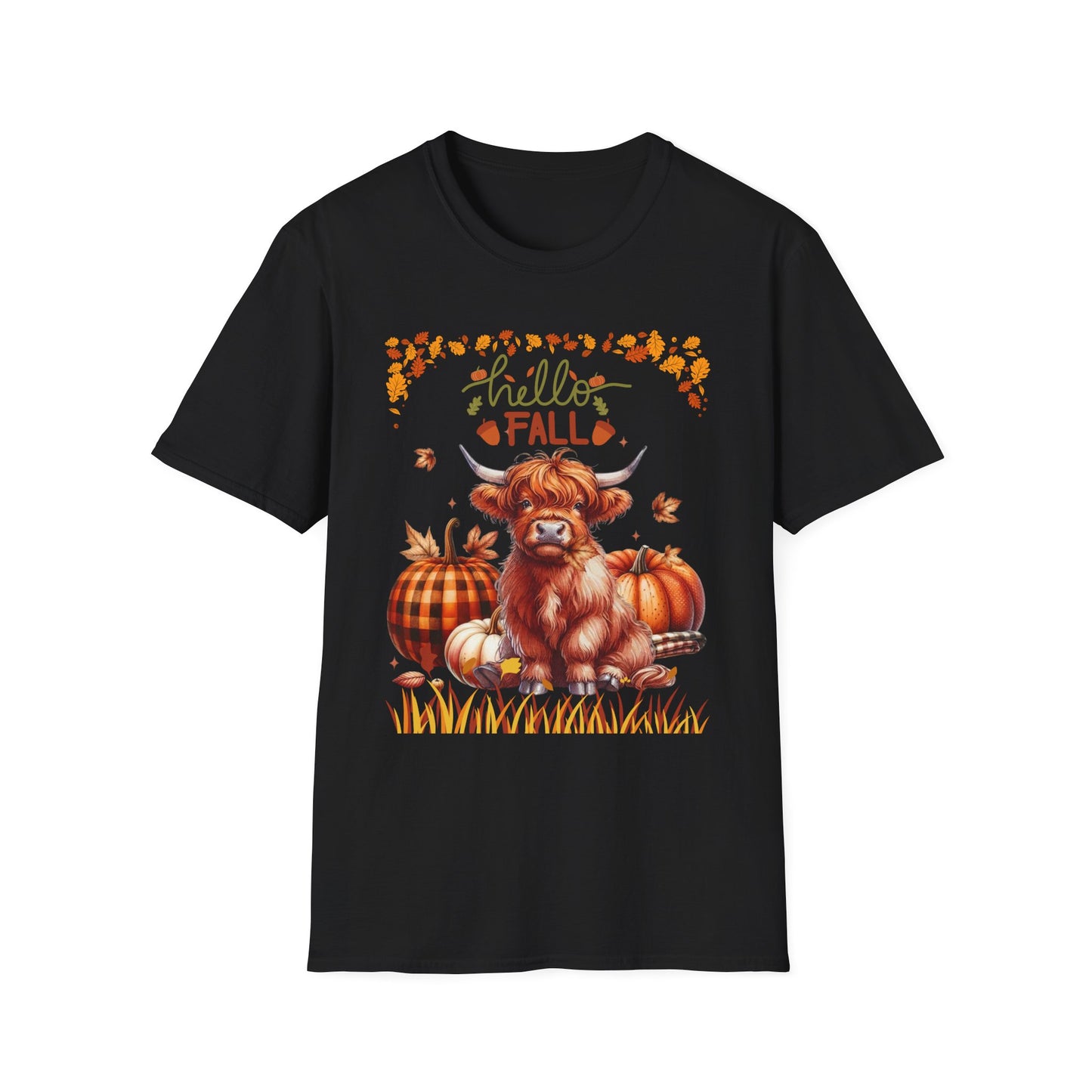 "Hello Fall" Cute Highland Cow T-Shirt — Autumn Pumpkin & Leaves Tee