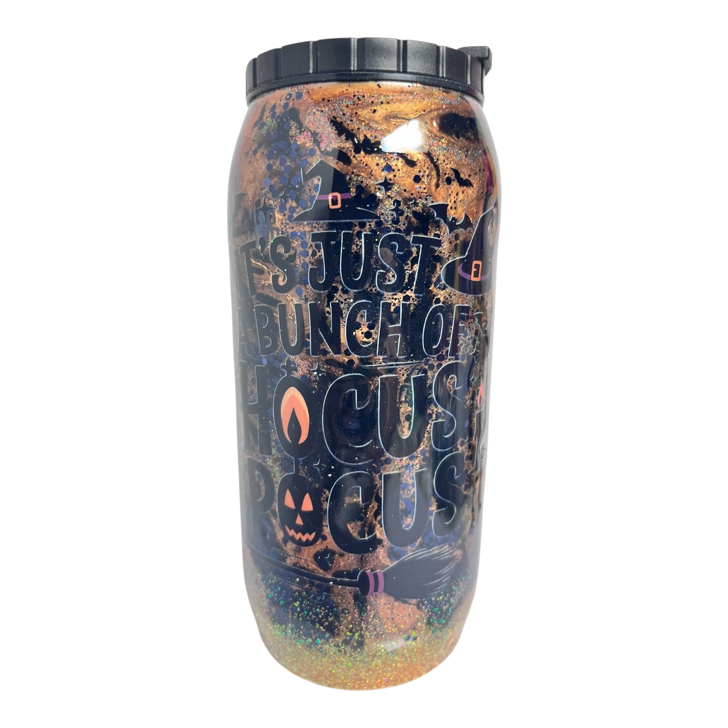 #309 - 12oz Soda Can - Metallic Ink Swirl / Halloween Theme / Decals: Bow & “It’s Just A Bunch of Hocus Pocus”