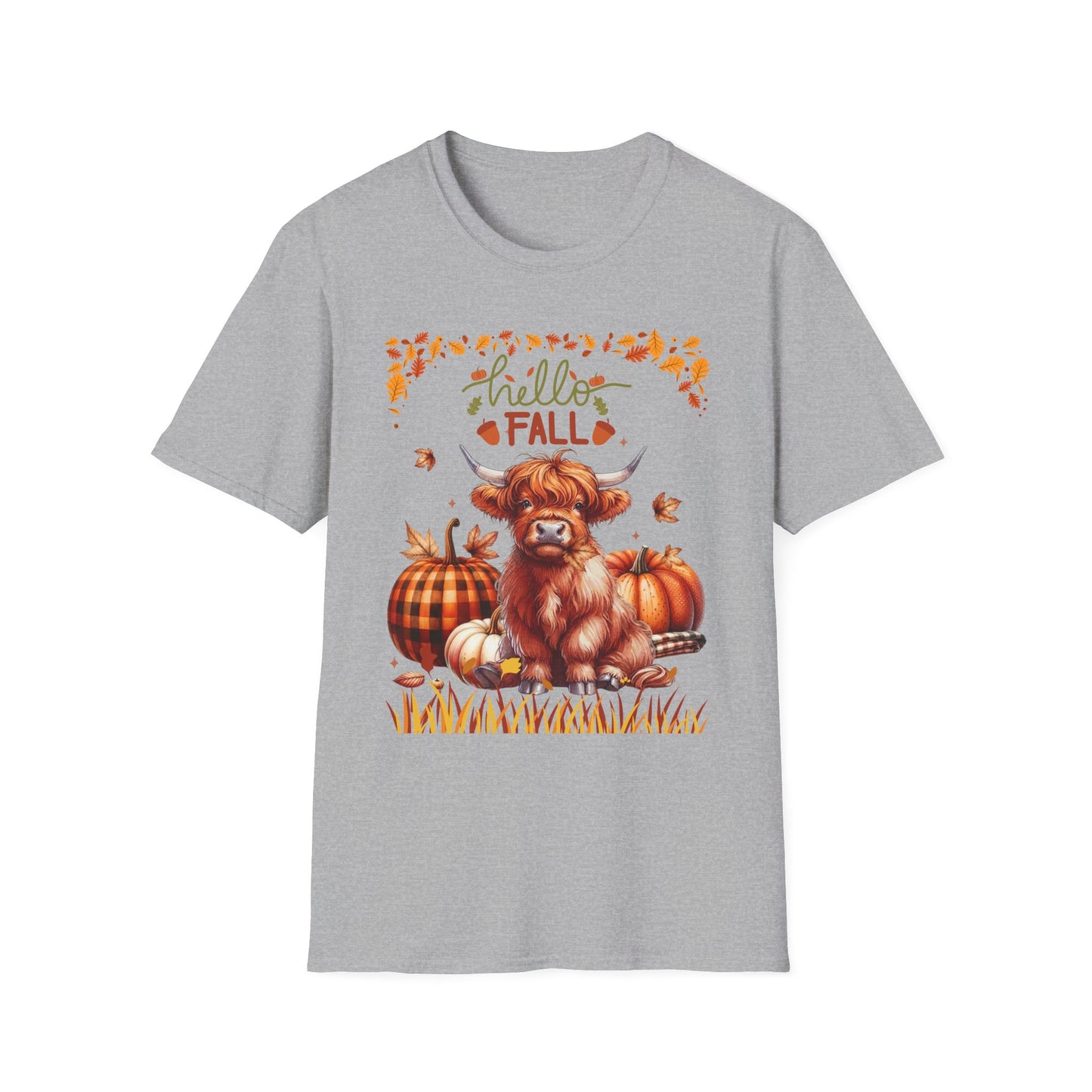 "Hello Fall" Cute Highland Cow T-Shirt — Autumn Pumpkin & Leaves Tee