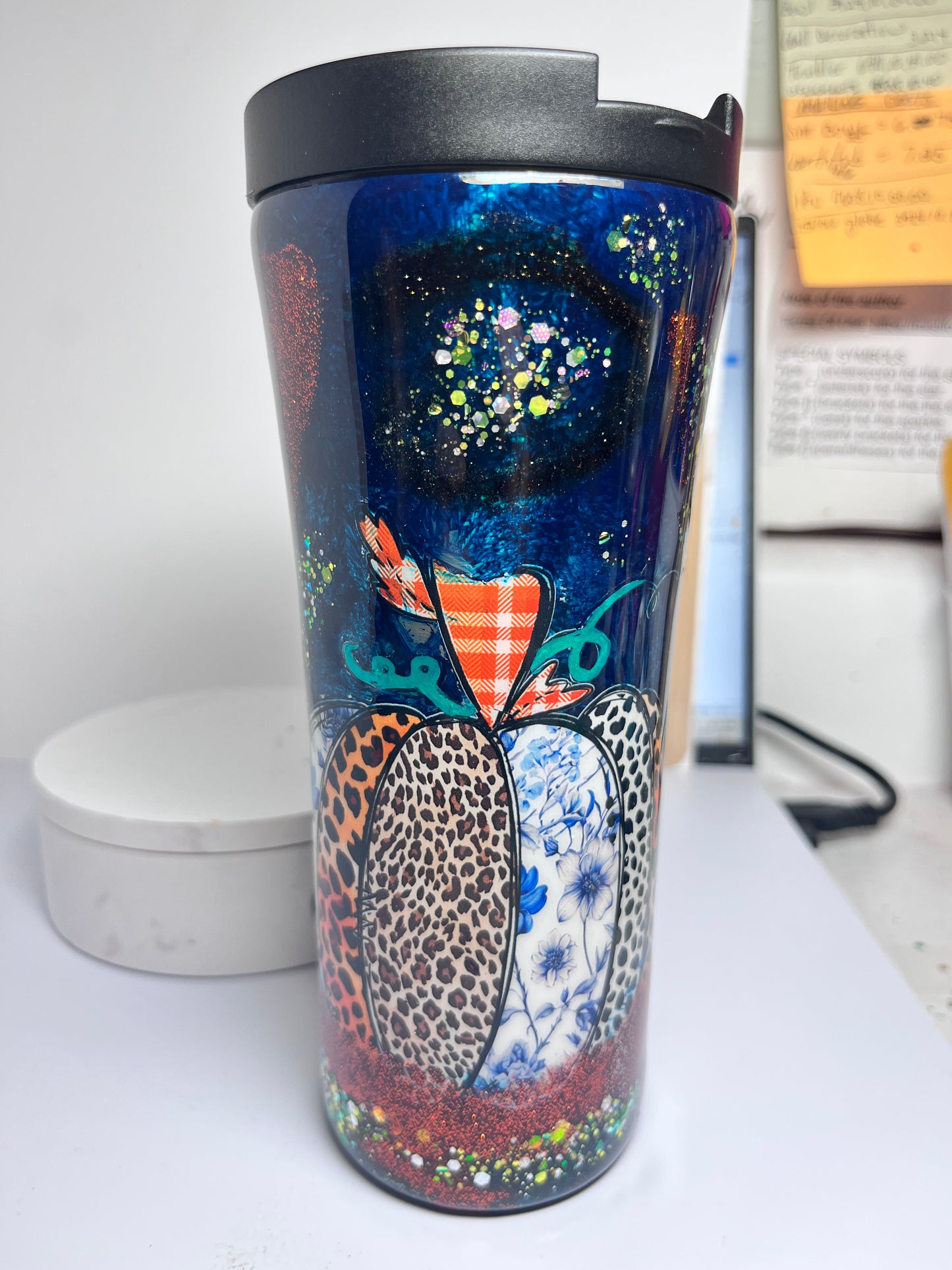 #303 - 16oz Slim Traveler Tumbler - Ink Swirl - Decal: "Multi-Themed Pumpkin”