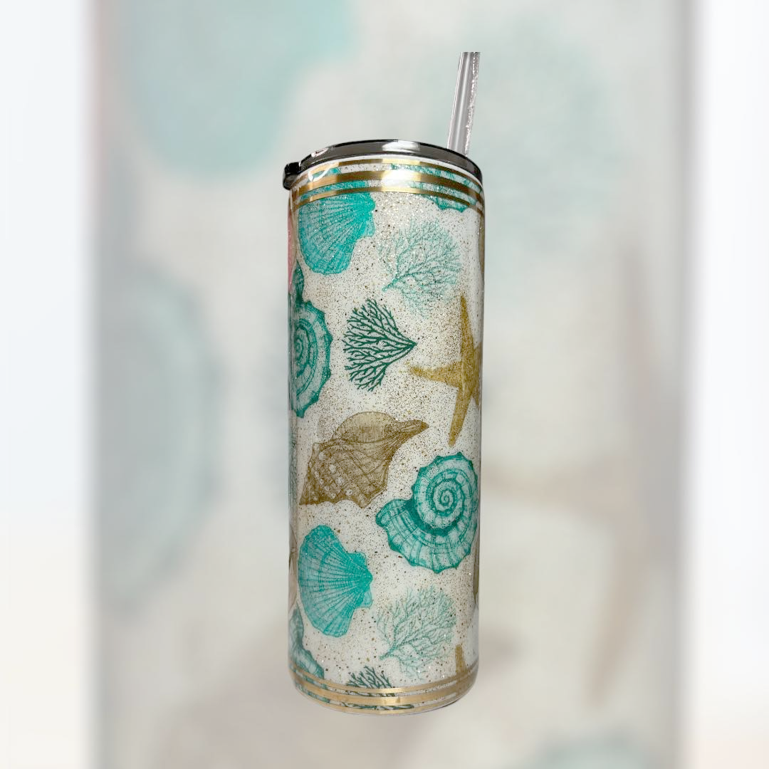 #069 - 30oz Fatty Tropical Tumbler - Shells Vinyl Wrap - Decal: "Girls Just Wanna Have Sun" with Palm Trees