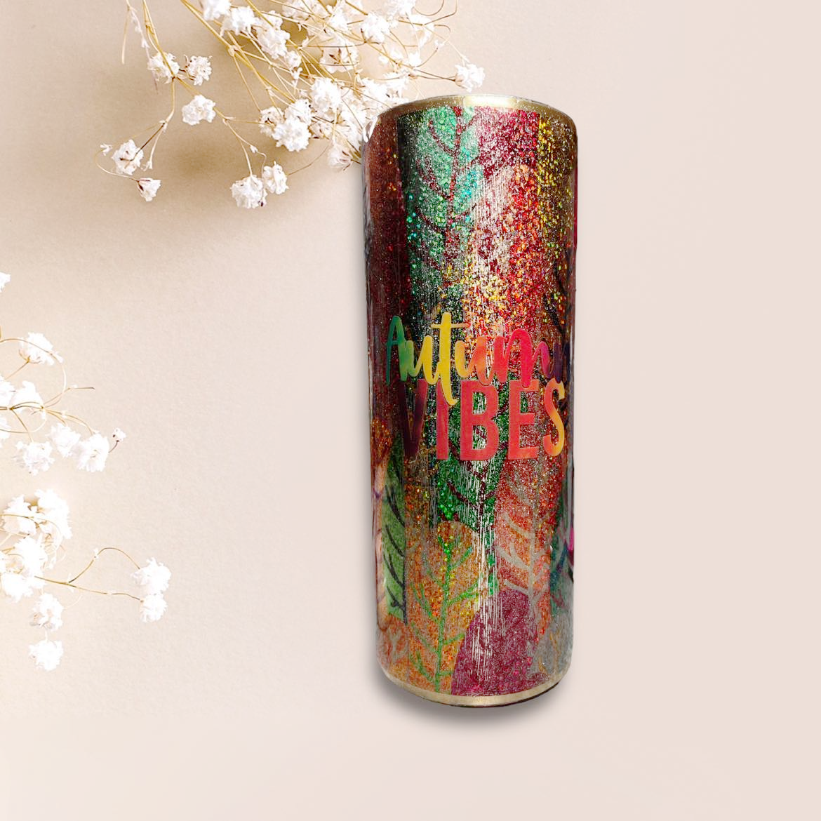 #007 - 30oz Fatty Tumbler - Glittered Foil Leaves - Decal: "Autumn Vibes" text