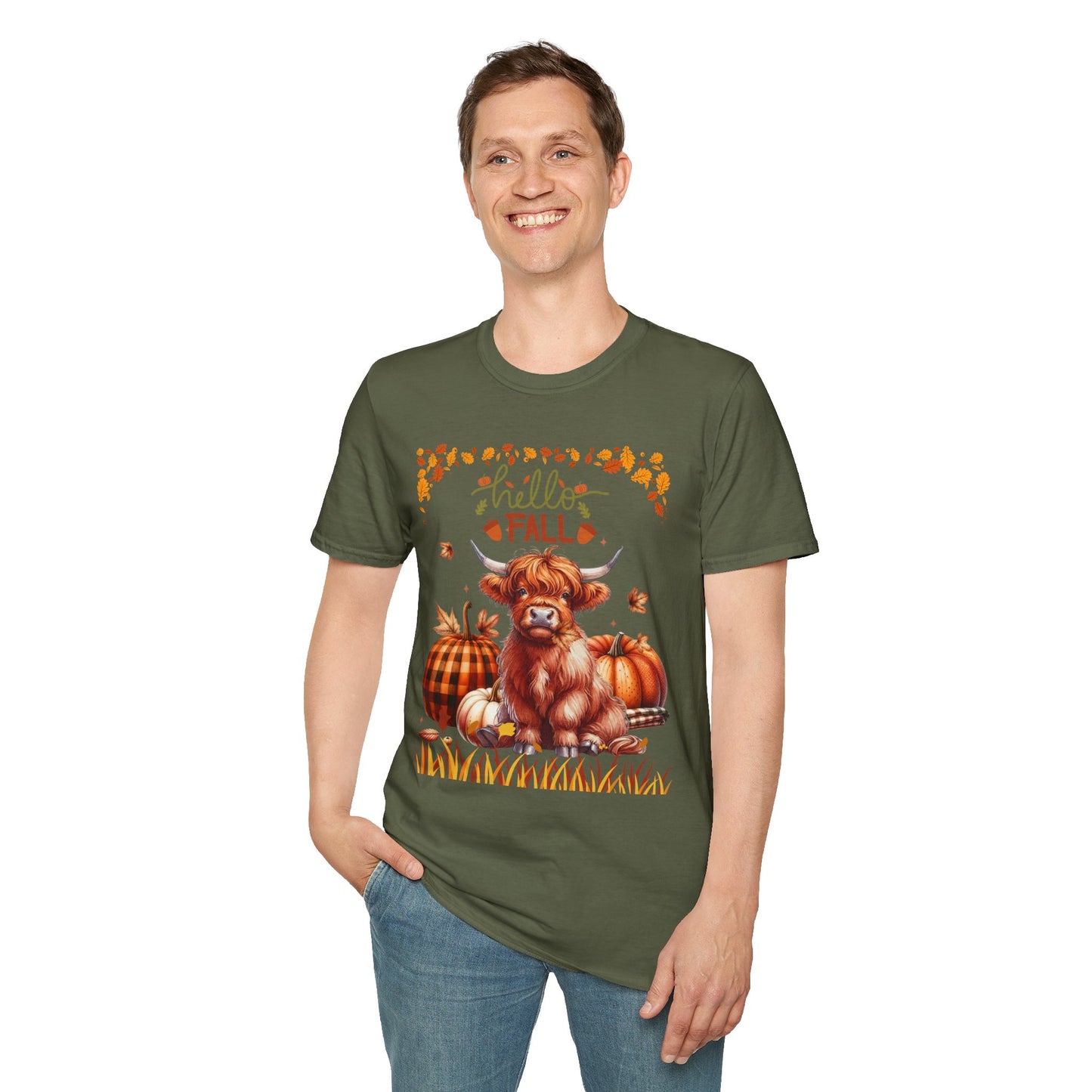 "Hello Fall" Cute Highland Cow T-Shirt — Autumn Pumpkin & Leaves Tee