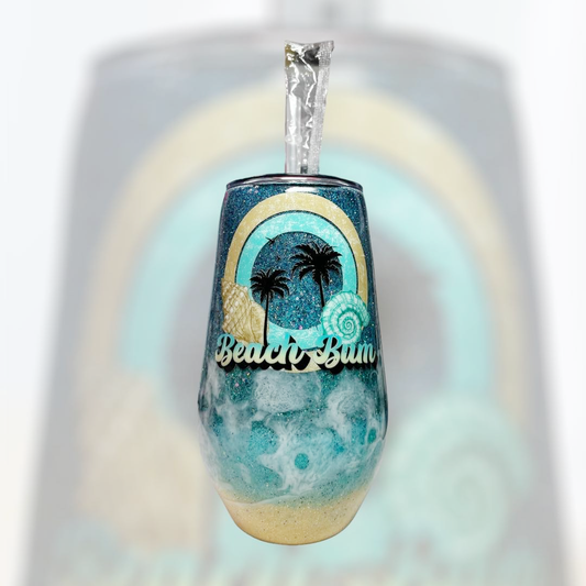 #076 - 17oz Tropical Tumbler - Beach Theme with Real Sand - 2 Decals: "Beach Bum" text and a Mermaid