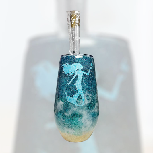 #076 - 17oz Tropical Tumbler - Beach Theme with Real Sand - 2 Decals: "Beach Bum" text and a Mermaid