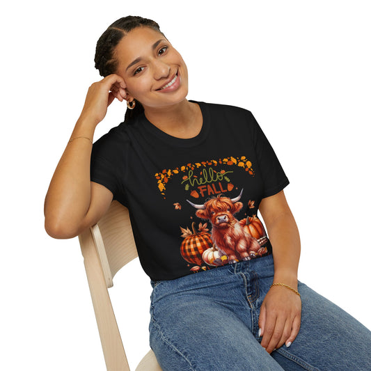 "Hello Fall" Cute Highland Cow T-Shirt — Autumn Pumpkin & Leaves Tee