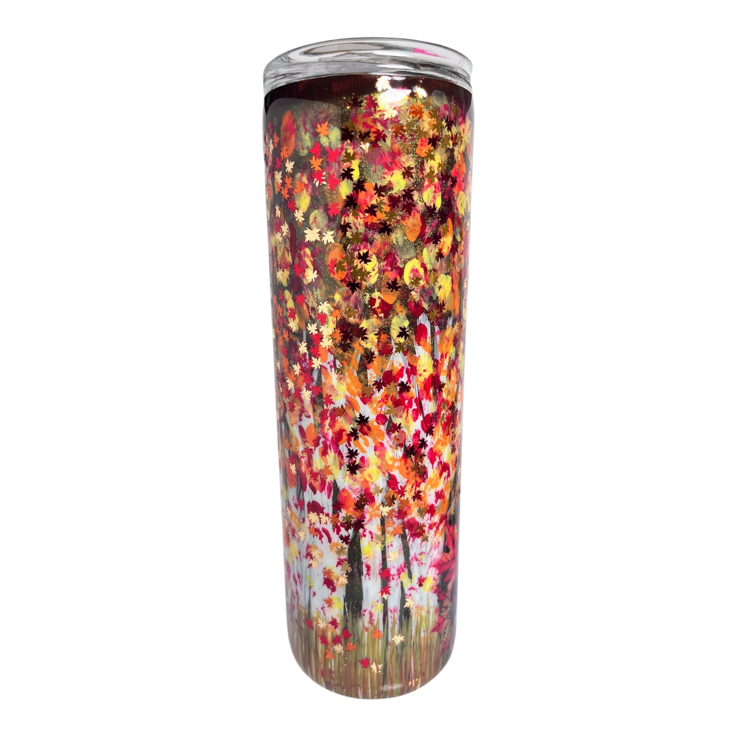 #307 - 30oz Skinny Tumbler / Hand Painted Birch Trees / Decal: “Cozy Season”