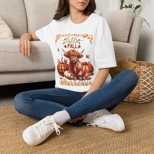 "Hello Fall" Cute Highland Cow T-Shirt — Autumn Pumpkin & Leaves Tee