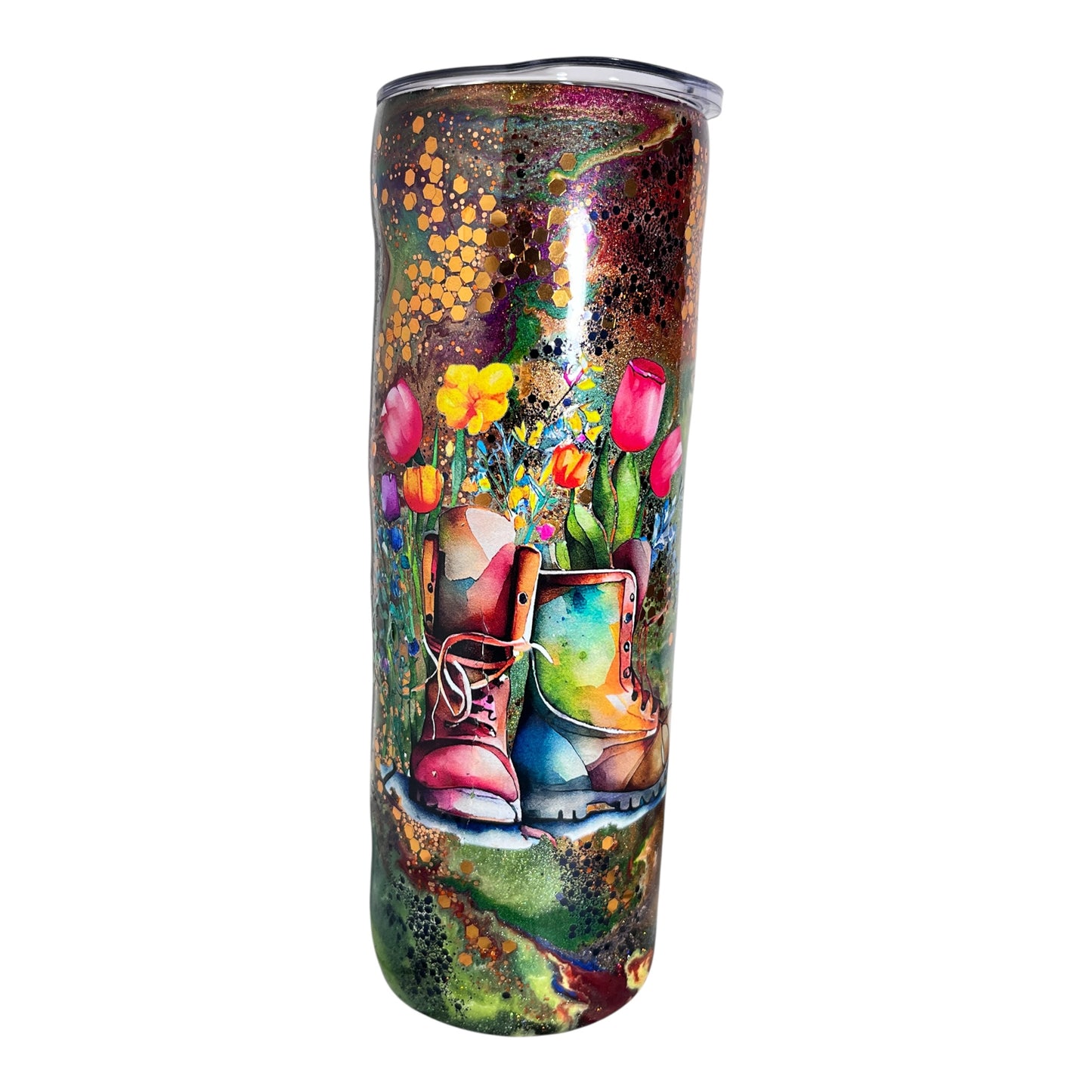 #314 - 20oz Skinny Tumbler - Decals: Boots with Flowers & “Life is better in the Garden”