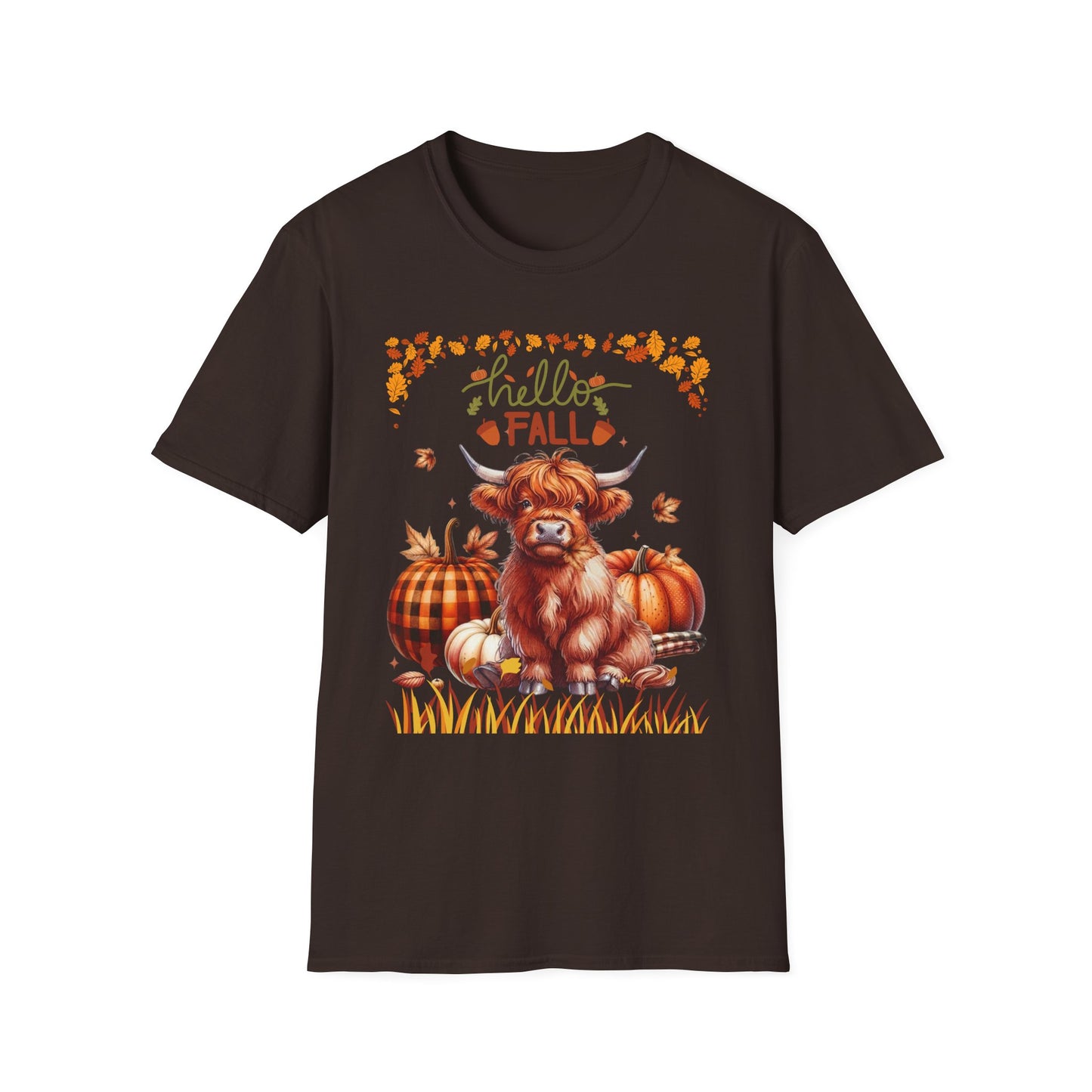 "Hello Fall" Cute Highland Cow T-Shirt — Autumn Pumpkin & Leaves Tee