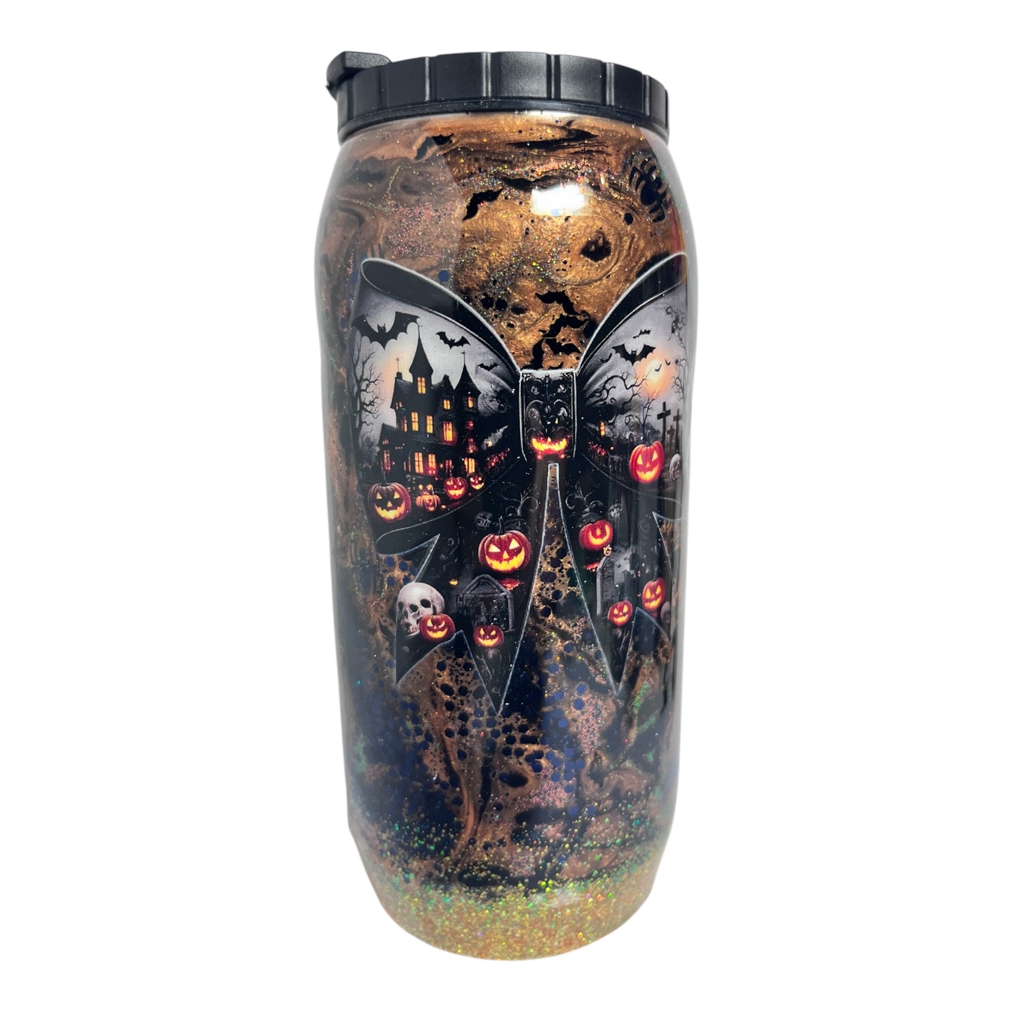 #309 - 12oz Soda Can - Metallic Ink Swirl / Halloween Theme / Decals: Bow & “It’s Just A Bunch of Hocus Pocus”