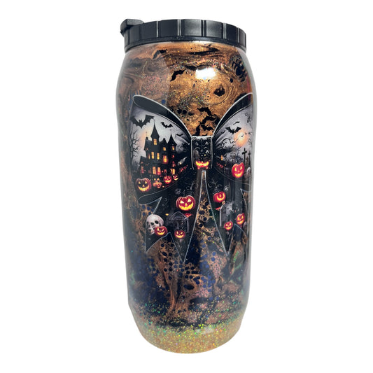 #309 - 12oz Soda Can - Metallic Ink Swirl / Halloween Theme / Decals: Bow & “It’s Just A Bunch of Hocus Pocus”