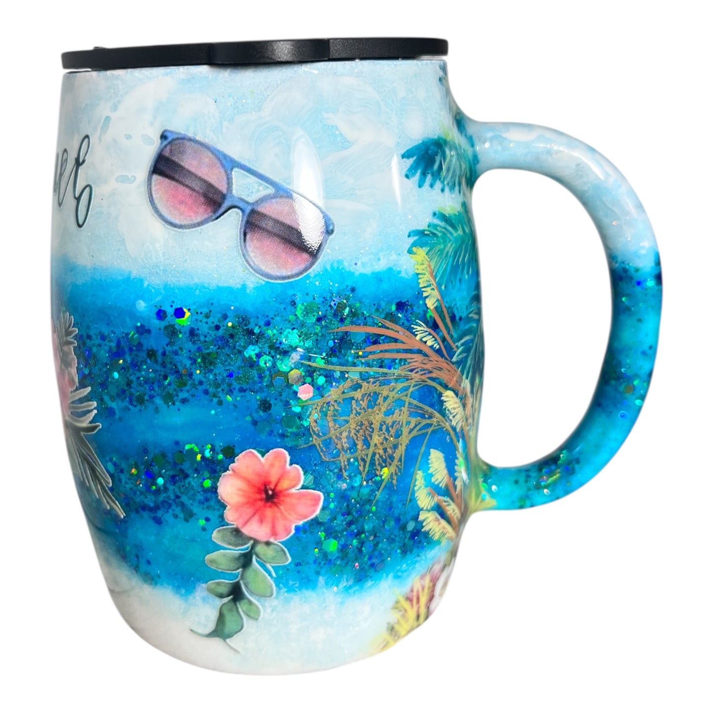 #320 - 14oz Tropical Summer Theme Coffee Mug - Hand Painted Palm Trees (surrounding the handle) / Text: “Summer” / Decals: Sunglasses, Flowers and Fruit Slice