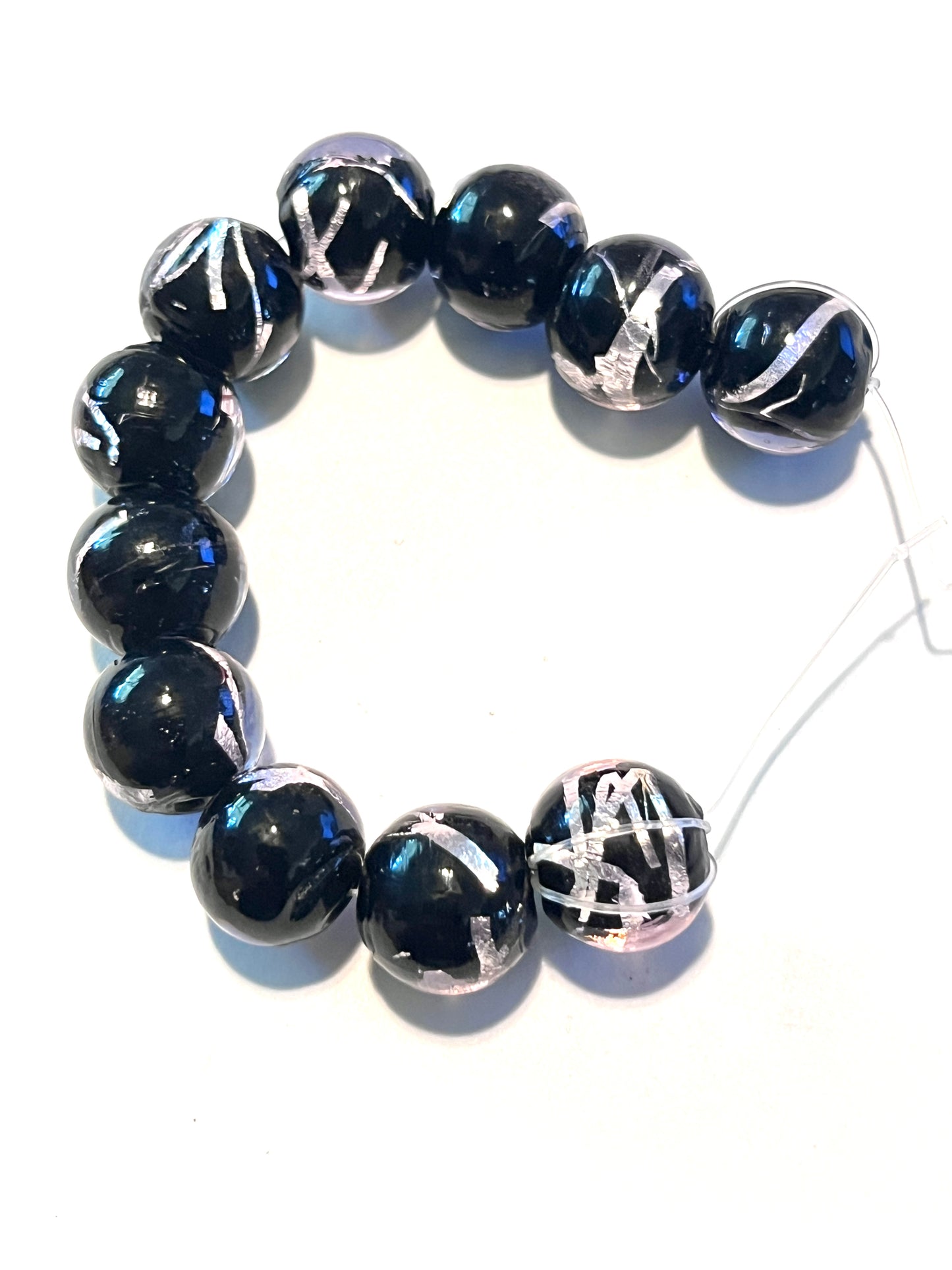 #2096 Handmade Silver Foil Lampwork Beads / 12mm / 2mm Center Hole / Strand of 11