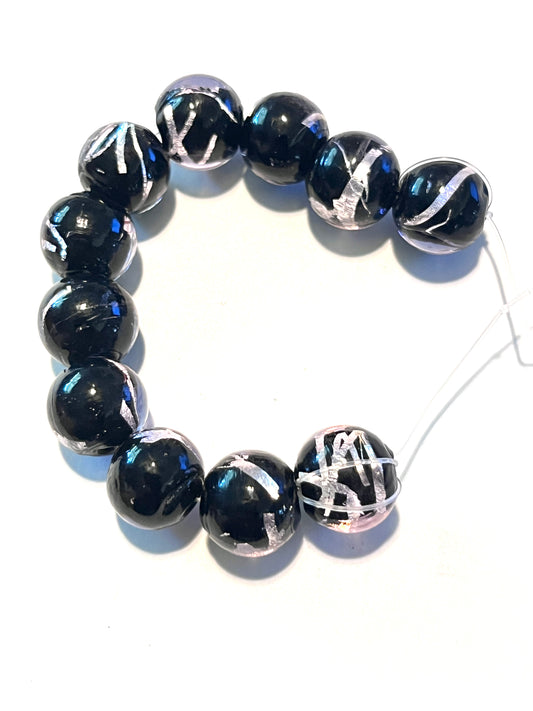 #2096 Handmade Silver Foil Lampwork Beads / 12mm / 2mm Center Hole / Strand of 11