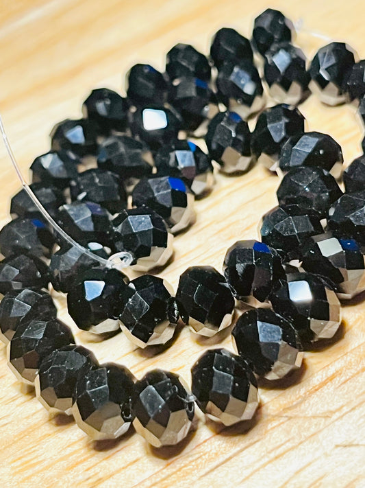 #2580 / Jet Black Faceted Glass Rondelle 8x6mm Beads / 1mm Hole / Strand of 40