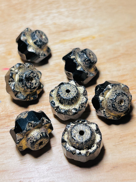 #2606 / Czech Crown Beads / Black with a Picasso, Gold and Etched Finish / 13x15mm / 1mm Hole / Lot of 2