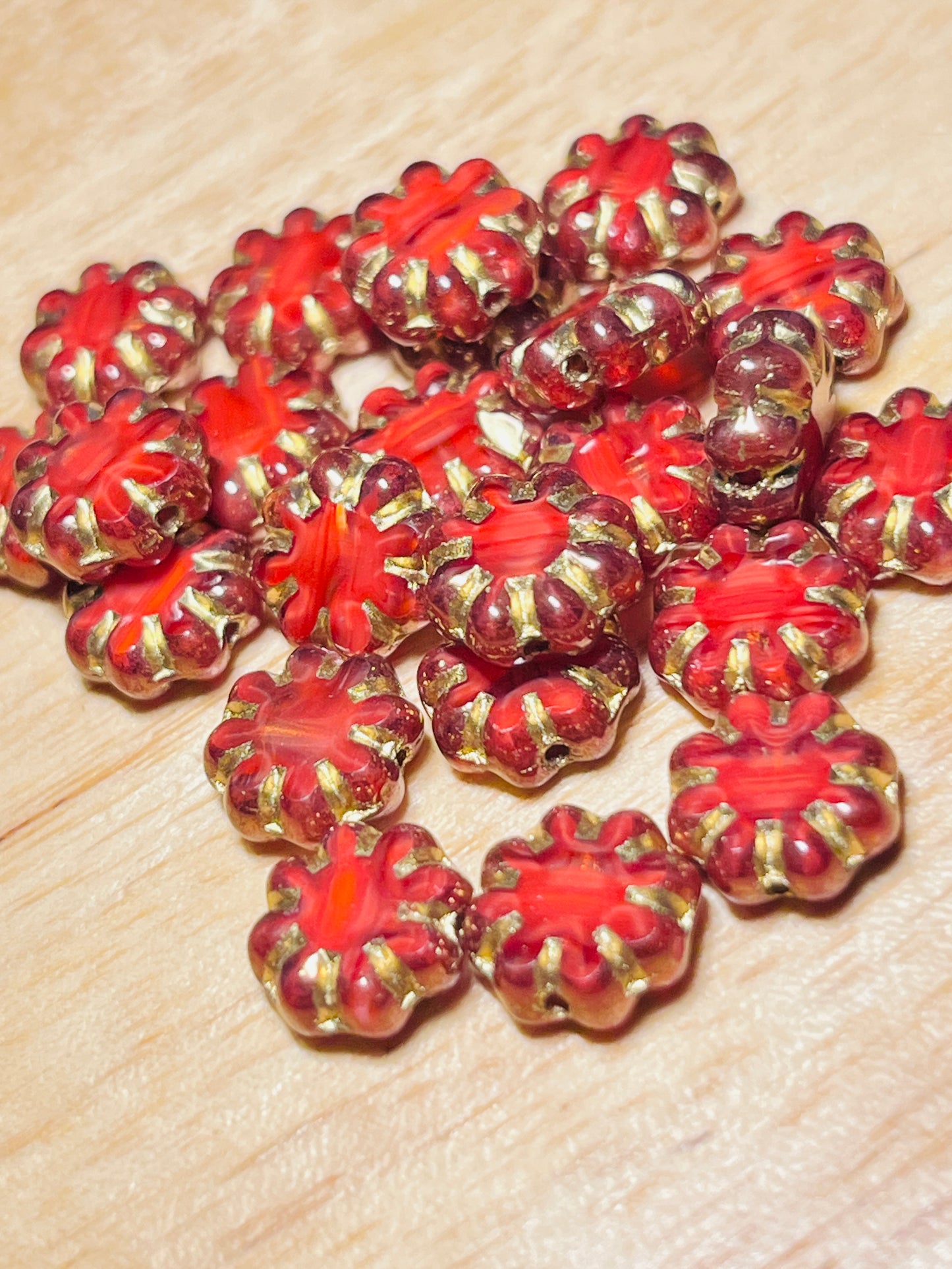 #2613 / Czech 9mm Cactus Flower Ruby Red Beads with a Bright Bronze Finish / 1mm Hole / Lot of 8
